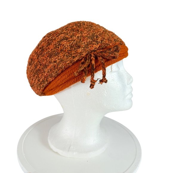 Everett Original Knitted Beret Hat VTG 70s Orange Brown Textured Wool Bow Retro - Picture 9 of 13